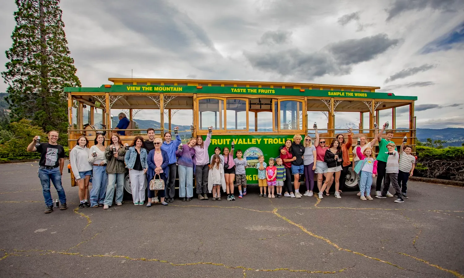Fruit Valley Trolley tour in Hood River Oregon with guests and trolley
